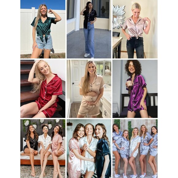 Chic Navy Silk Pajama Set with Elastic Shorts - Luxurious Women's Loungewear - Picture 4 of 5